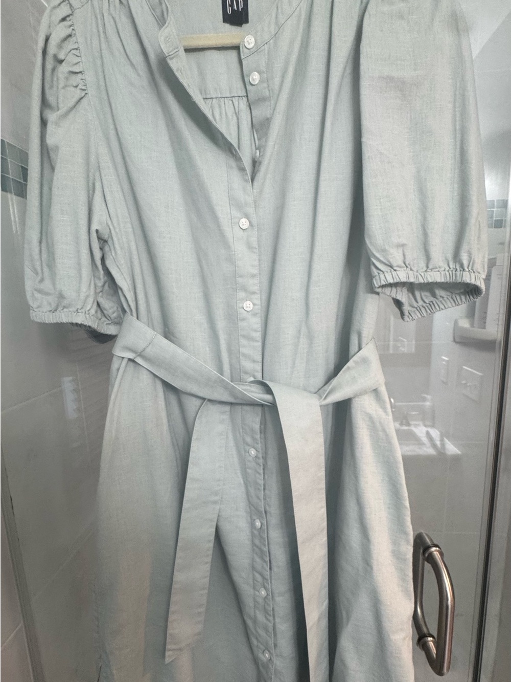 GAP Light Sage Button-Front Belted Midi Dress (Size L Tall)